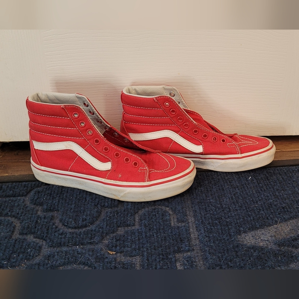 Vans Sk8-Hi high-top skate shoes in racing red and true white.  NO LACES